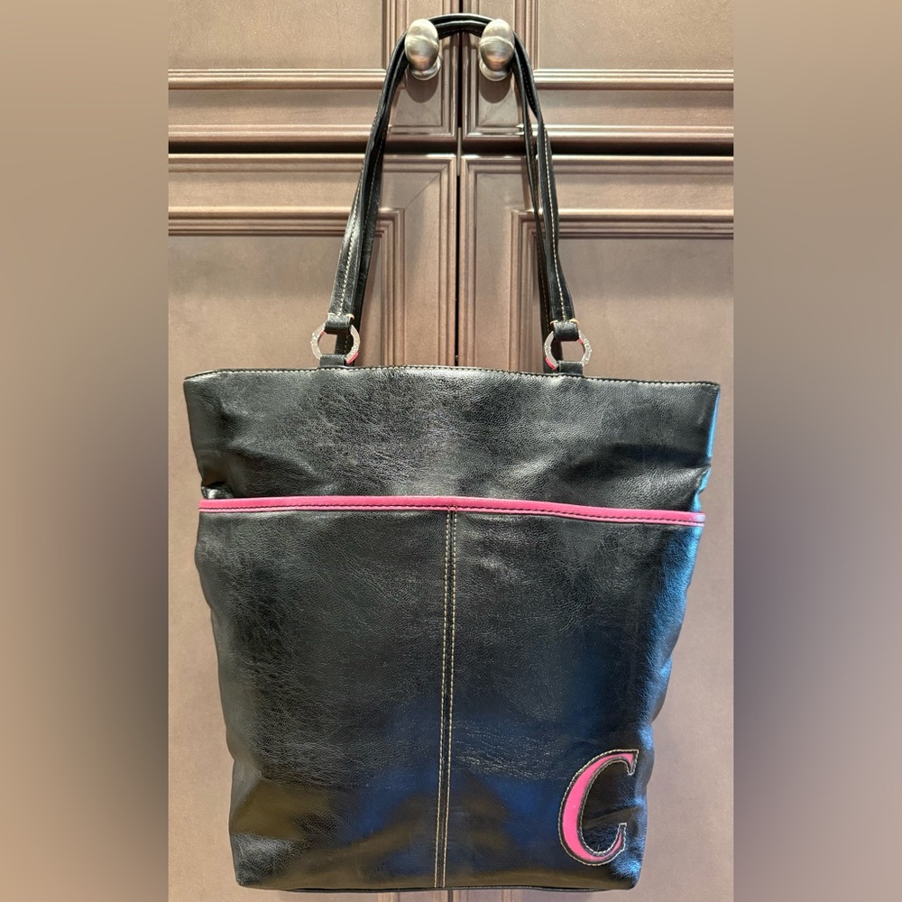 Liz Claiborne Black Leather Tote with Pink “C” Monogram, Initial Accent